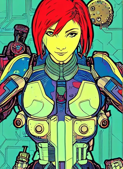 Prompt: cyberpunk samus!! cyborg portrait illustration, pop art, splash painting, art by geof darrow, ashley wood, alphonse mucha, makoto shinkai