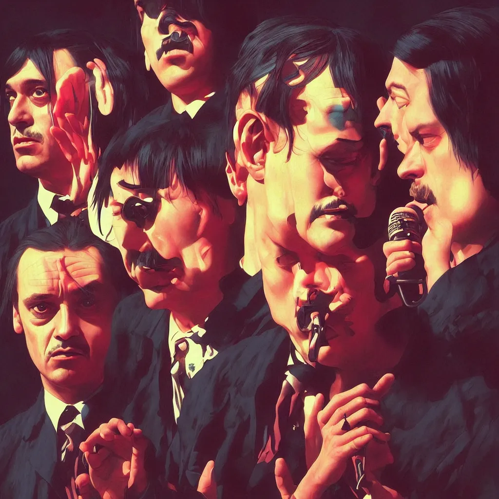 Image similar to weird and disturbing portrait of mike patton and syd barret and hitler singing, vivid colors, death, neon, art by ( ( ( kuvshinov ilya ) ) ) and wayne barlowe and francis bacon and artgerm and wlop and william - adolphe bouguereau