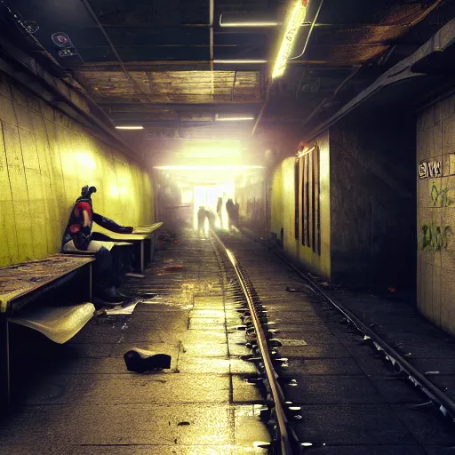 Prompt: abandoned subway homeless slum low light. Cyberpunk 2077. CP2077. 3840 x 2160