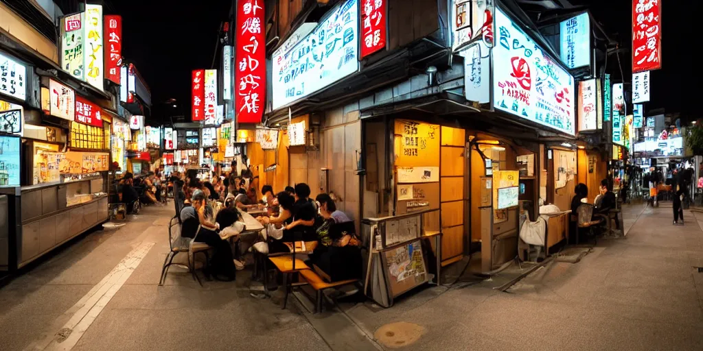 Image similar to japanese street food restaurant at nighttime, outside