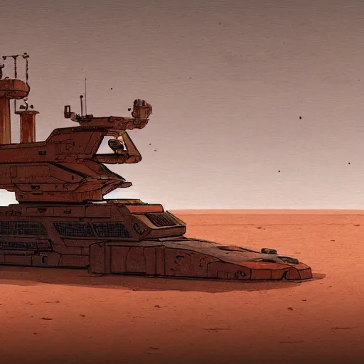 Prompt: sci-fi barge floating over a desert landscape in the style of Ian McQue