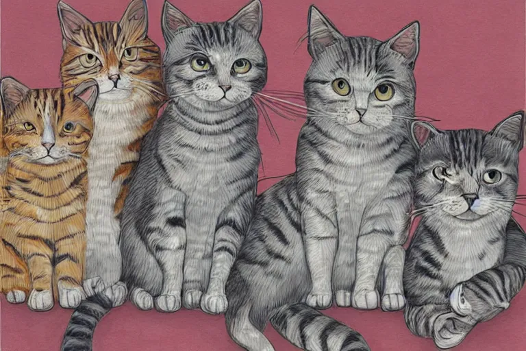 Prompt: beautiful art illustration of a group of cats by margherita grasso, highly detailed