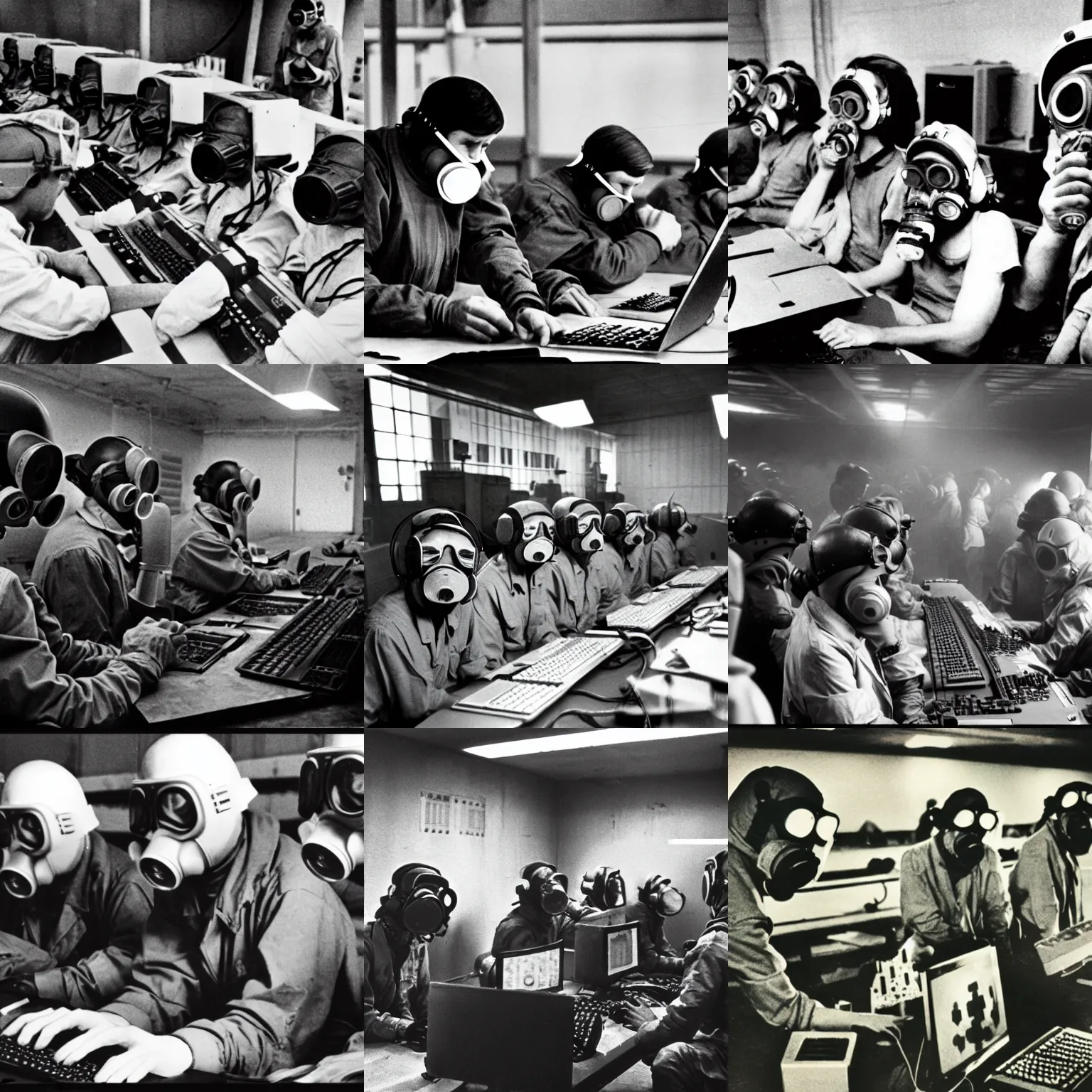 Prompt: lan party at chernobyl plant 1 9 8 4, gas masks, george hurrell, wide shot