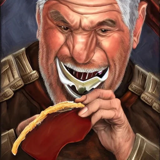 Prompt: Fantasy portrait of a big human fighter eating beef jerky who either looks really good for a 70 year old man or really bad for a 50 year old man