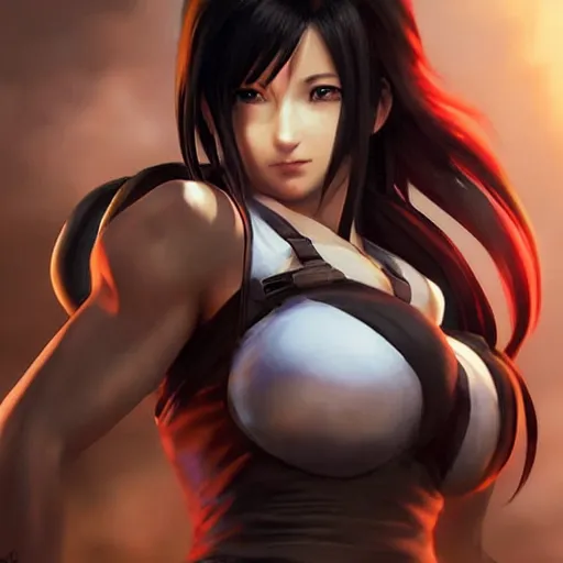 Image similar to tifa lockhart wearing yuffie kisaragi's outfit!!!, cg art, realistic, character select portrait, by artgerm, greg rutkowski, alphonse mucha, 3 d