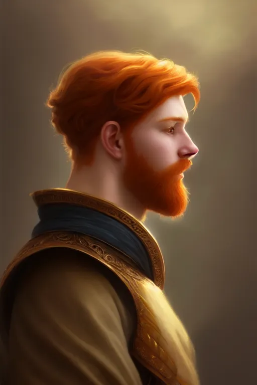 Prompt: a portrait of a ginger male prince, side profile, illustration, soft lighting, soft details, dark mood, painting oil on canvas by Edmund Blair Leighton and Charlie Bowater octane render trending on artstation d&d characters, 4k, 8k, HD