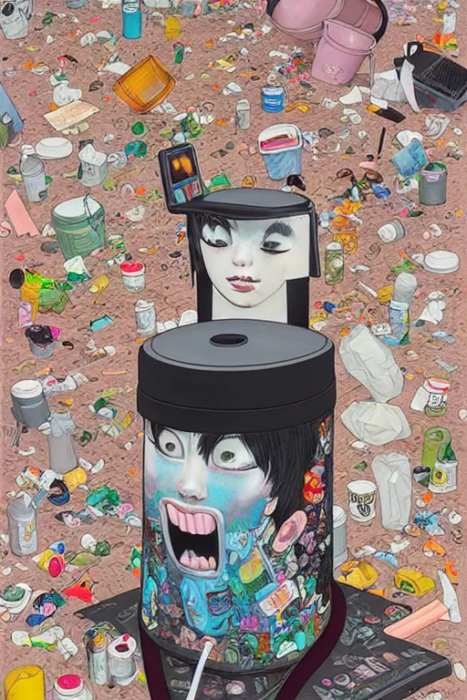 Image similar to full view, from a distance, of anthropomorphic trashcan full of trash, style of yoshii chie and hikari shimoda and martine johanna, highly detailed