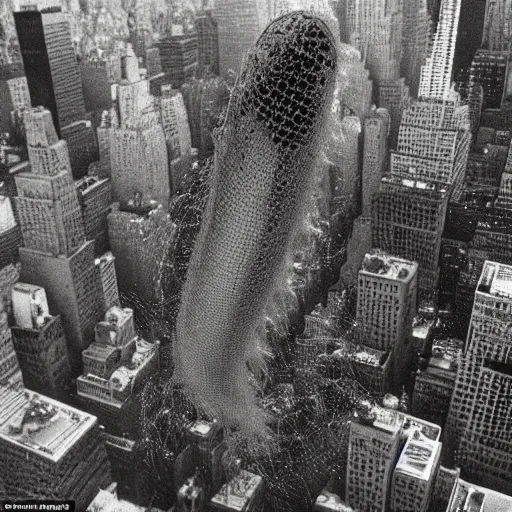 Image similar to 1 9 9 2 vhs footage of a gargantuan infestation of wasp like creatures and hives in new york city, aerial shot, blurry, grainy
