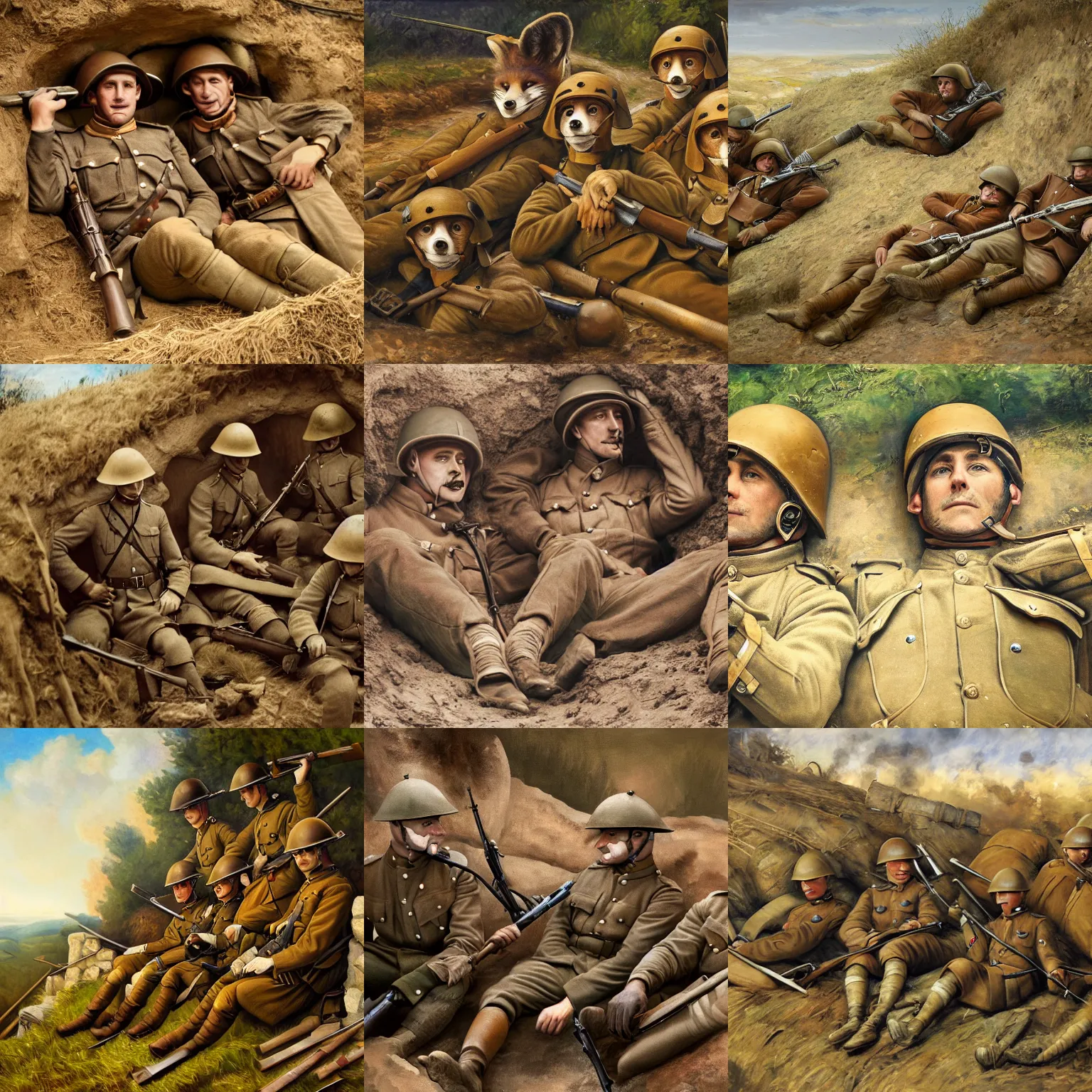 Prompt: anthropomorpic WW1 Fox soldiers in a trench relaxing between battles in the style of oil paintings detailed realistic High Resolution HD 8k