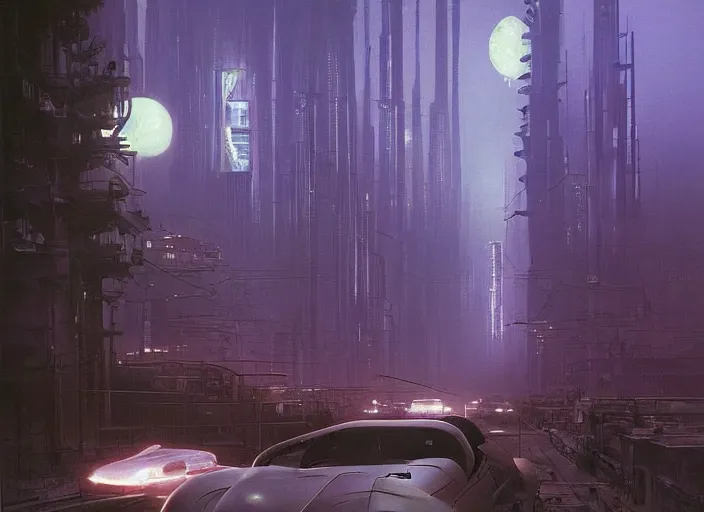 Image similar to a car driving down a street next to tall Forest-1 the night, cyberpunk art by Chesley Bonestell, cgsociety, retrofuturism, matte painting, reimagined by industrial light and magic