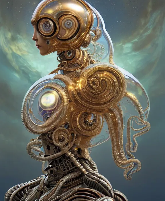 Image similar to intricate ornate opulent transparent clear see - through portrait of a robot beautiful alien nautilus, mottled coloring, adorable, childlike, pastoral environment, ultra realistic, concept art, art nouveau, photorealistic, octane render, 8 k, unreal engine. art by christopher marley and artgerm and greg rutkowski and alphonse mucha