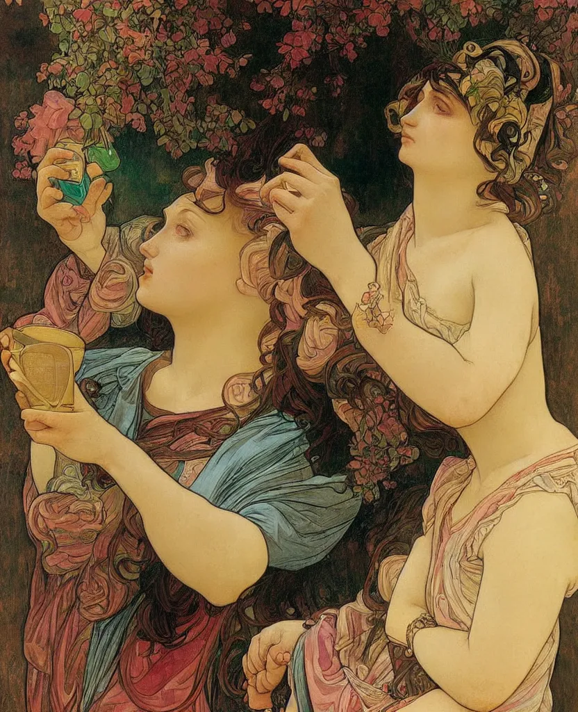 Image similar to a beautiful arrogant surreal greek lady drinking tea looking disdained, rennaisance painting, whimsical, pastel pink color palette, by leonardo da vinci and alphonse mucha