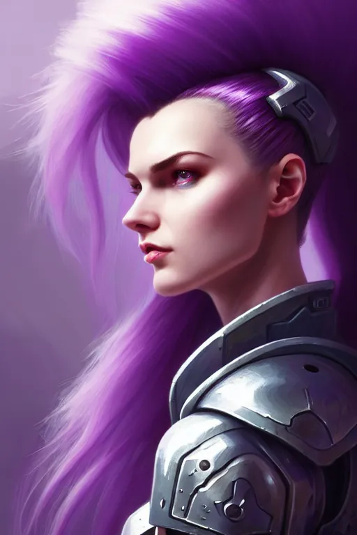 Image similar to alexey gurylev, close up portrait, pale woman in power armor with purple ponytail hair, mysterious, deep focus, d & d, fantasy, complex, elegant, highly detailed, digital painting, artstation, concept art, matte, clear focus, illustration, hearthstone, artgerm art, greg rutkovsky and alphonse mucha