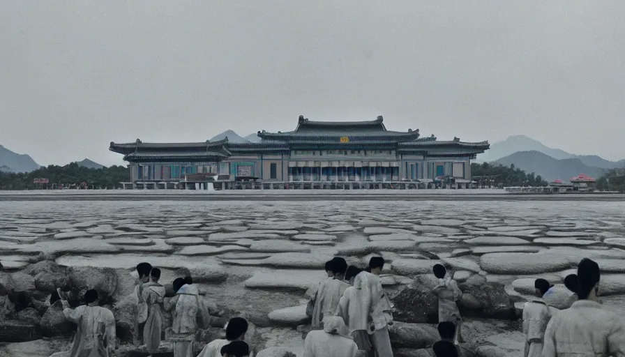 Image similar to a film still of a north korean monster movie, kaiju - eiga monster starfish - like over traditional korean palace, film noir, video compression, ripple effect