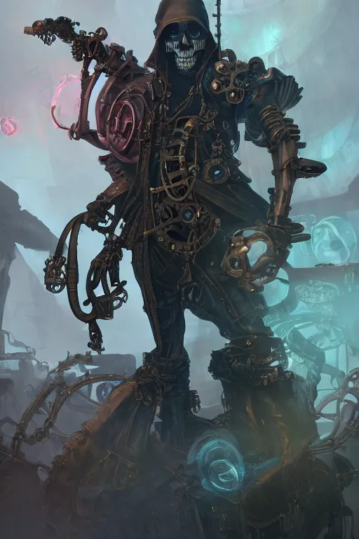 Image similar to steampunk grim reaper, hyper detailed, bioluminescent, background fortress, digital art, trending in artstation, cinematic lighting, studio quality, smooth render, unreal engine 5 rendered, octane rendered, art style by ian sprigger and cushart and archan nair, jack kirby and simon bisley, physically based rendering