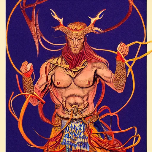 Image similar to Dramatic portraiture of Uuen, the Pictish god of stags, mixed media, trending on ArtStation, by Steve Ditko and ArtGerm and Lucian Freud, luminism