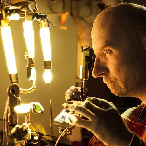 Image similar to balding cyborg professor using jeweller's loupe with orange led light, inspecting complex gun made from rusted metal kitchen utensils, smoking soldering iron, fluorescent lighting, messy workshop, highly detailed, sci - fi, futuristic, movie still from blade runner