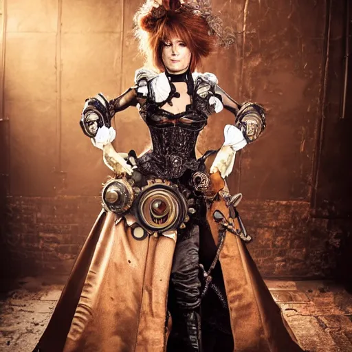 Prompt: a photography of mylene farmer as a steampunk queen by cedric peyravernay