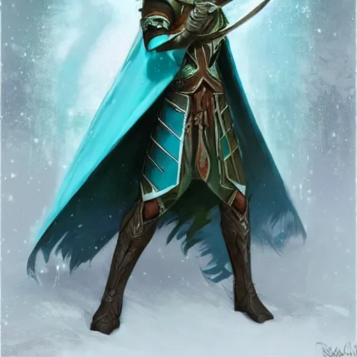 Image similar to an epic concept art of a handsome snow elf in a turquoise cape and silver armour, bow and arrow, albino skin, winter vibes, elegant, very coherent symmetrical artwork, rule of thirds, by ralph hosley and alphonse mucha and charlie bowater, sharp focus, trending on artstation