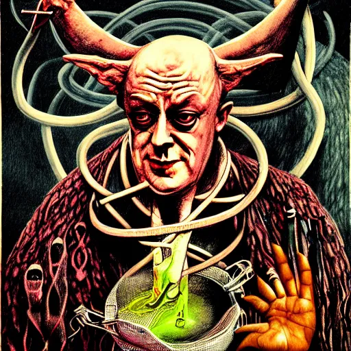 Prompt: graphic illustration, creative design, aleister crowley with baphomet, biopunk, francis bacon, highly detailed, hunter s thompson, concept art, mixed media