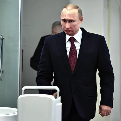 Prompt: wary Vladimir Putin leaving a public toilet with a suspicious suitcase