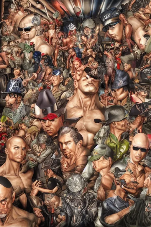 Image similar to place full of tunnel rats - pop art, hyperrealistic, detailed by artgerm and richard hamilton and mimmo rottela and bob rafei and kazuma kaneko and bengus and yoshitaka amano, very detailed symmetrical anatomy, detailed dynamic anatomy, realistic detail human looks