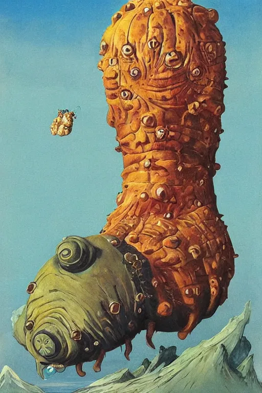 Image similar to a queen on top of a giant tardigrade retro japanese monster slimy leather, oil painting, 7 0 s vintage art, by georgia o keeffe, by gustave dore, by frank frazetta, nausicaa