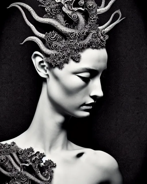 Image similar to dark background, a black and white high quality dreamy photo of a young beautiful female queen-dragon-vegetal-cyborg bust with a very long neck and delicate Mandelbrot fractal face, elegant, highly detailed, flesh highly baroque ornate, hair are curled wired cables, elegant, poetic, soft, dreamy, mysterious, high fashion, rim light, in the style of Ellen von Unwerth, Realistic, Refined, Digital Art, Highly Detailed, Cinematic Lighting, rim light, black and white, photo-realistic, 8K