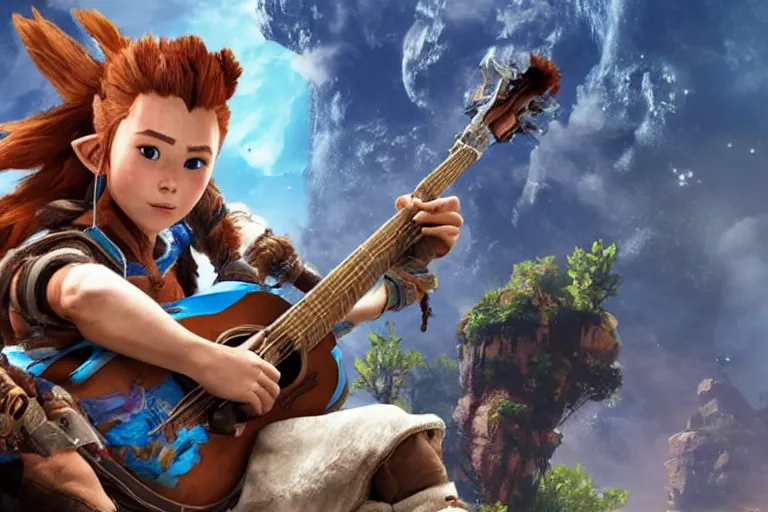 Image similar to aloy from the horizon zero dawn videogame playing the guitar with link from the legend of zelda videogame in the international space station