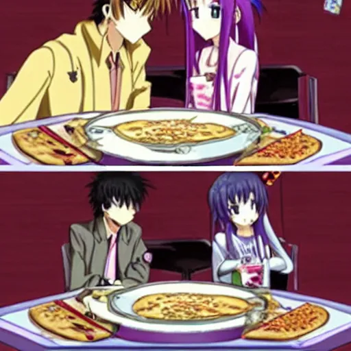 Prompt: kagami sumika from Muv-Luv eating a pizza with George Lucas