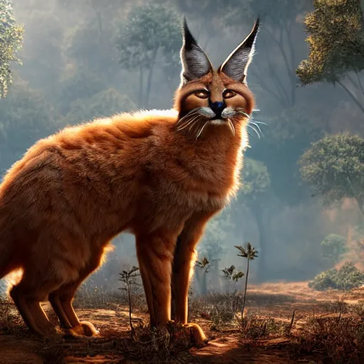 Image similar to cute fluffy caracal in surreal burning forest beautiful 4 k hyperrealistic artstation trending ray traced unreal engine detailed high resolution high detail drawn by peter michaels michaels mackentire and ronaldo swansonjohnson