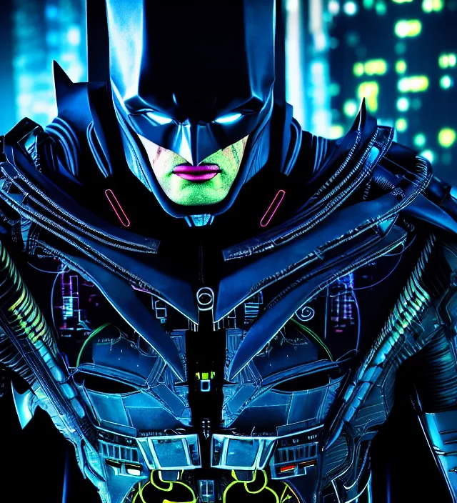 Prompt: close - up character concept of cyberpunk batman!!!! intricate technology on batman's suit, wires and led lights | | blurry gotham city at night in the background, neon lights | | cinematic rim lighting, global illumination, fine details by stanley artgerm lau, trending on artstation, octane render, dreamy, masterpiece