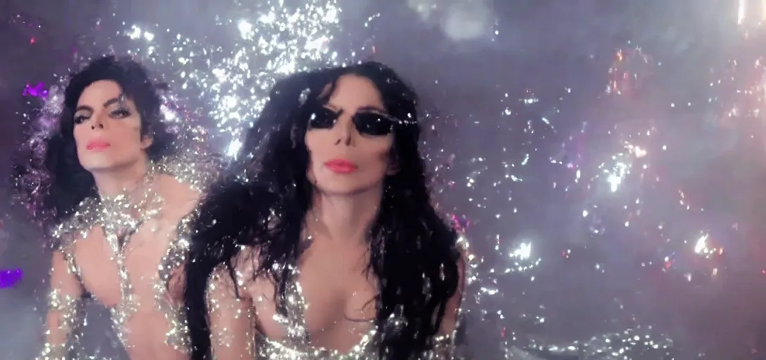 Image similar to Michael Jackson and Lady Gaga in a futuristic sparkly electric music video, 4K Vevo 2012