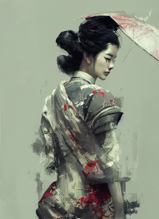 Prompt: female geisha girl, beautiful face, rule of thirds, intricate outfit, by greg rutkowski, by jeremy mann, digital painting