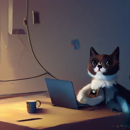 Image similar to a puppet cat is lying on the computer table, characterized by roman shipunov, etienne hebinger, atey ghailan, cgsociety, fantasy art, 2 d game art