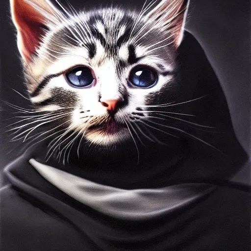 Image similar to a portrait of a kitten wearing a black hood, cloak covering face, anatomically correct, beautiful perfect face, enigmatic, oil painting, matte, black background, Volumetric dynamic lighting, Highly Detailed, Cinematic Lighting, Unreal Engine, 8k, HD, by Beksinski