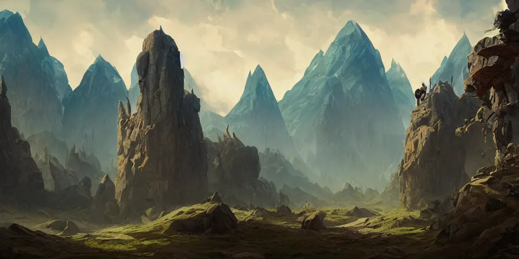 Prompt: ominous mountains fantasy rpg, matte painting, Sergey Kolesov, Tristan Eaton, James Gurney, greg rutkowski