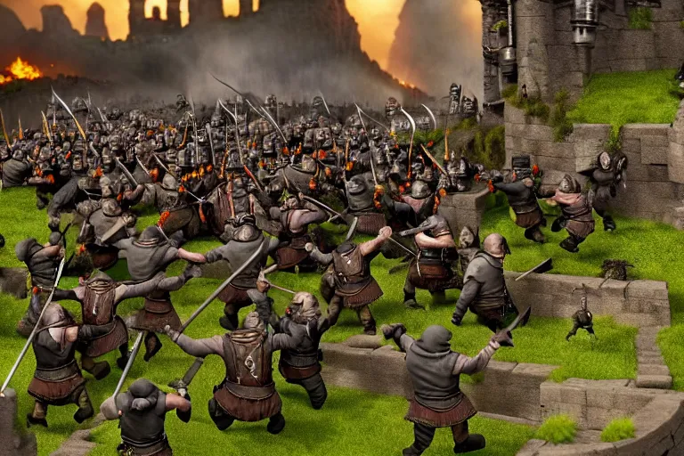 Prompt: diorama of minions fighting orcs in the battle of helm's deep, giant castle walls, realistic, 4 k, detailed, atmospheric, cinematic lighting