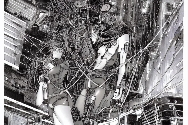 Image similar to an intricate, awe inspiring cyberpunk illustration of a female android body lying open on a labor floor, wires and cables coming out, by masamune shirow and katsuhiro otomo ((colorful)) (((super coherent)))