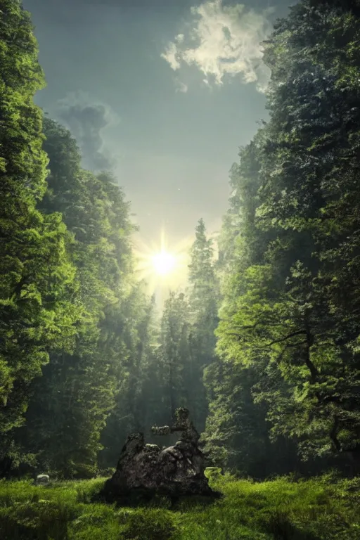 Image similar to nuclear power plant, trees, sun, ruan jia, steve mccurry, ivan shishkin, studio ghibli