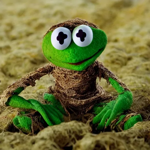 Prompt: bog mummy of kermit the frog, 400 BC, peat bog, archaeological site, hyperreal