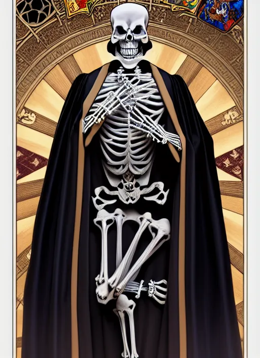 Image similar to undead skeleton king, wearing an academic gown, regal, tarot card, highly detailed, deep focus, elegant, digital painting, smooth, sharp focus, illustration, ultra realistic, 8 k, art by artgerm and alphonse mucha and greg rutkowski