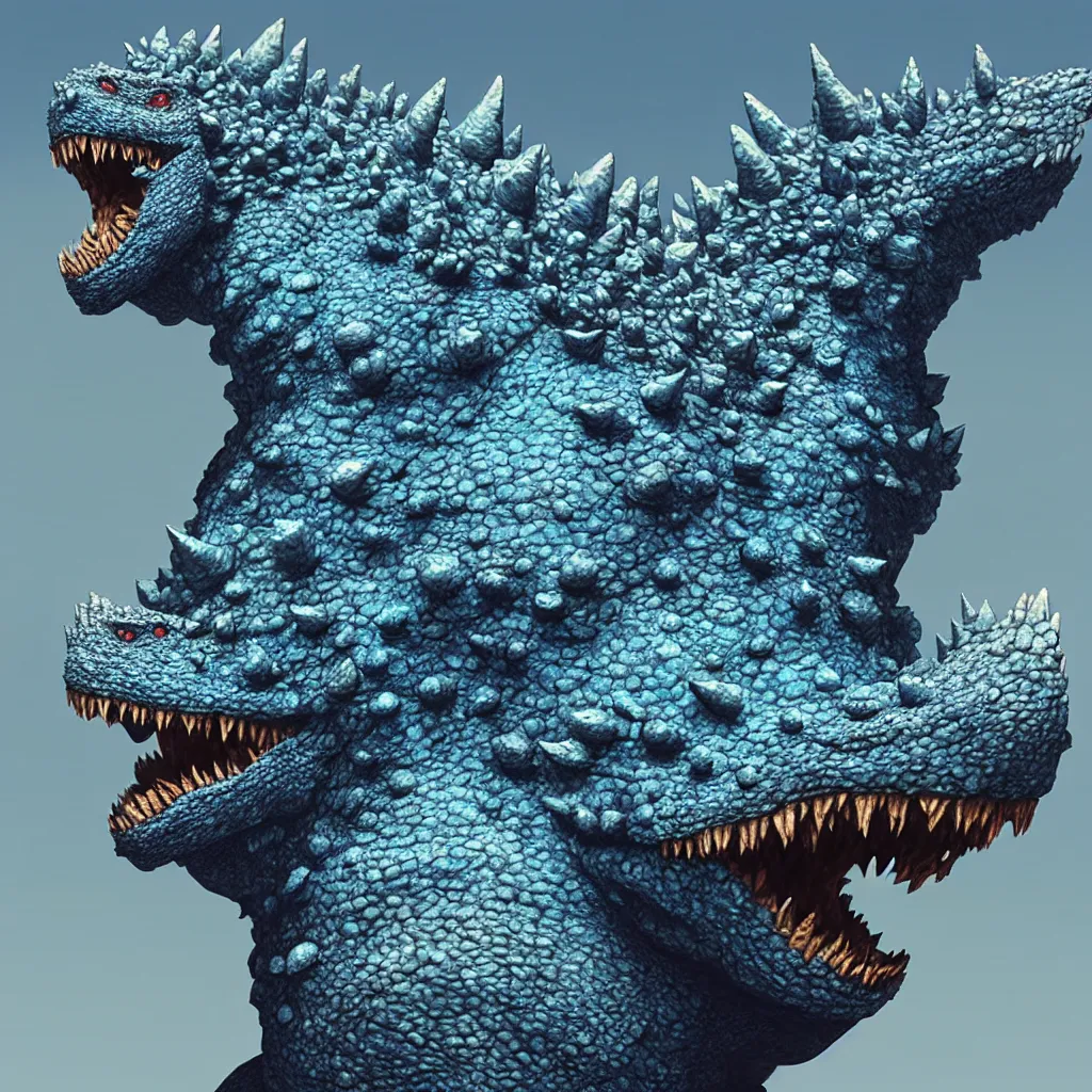 Prompt: beautiful detailed cgi matte painting close up detailed illustration of a small fat blue godzilla wearing a hat, by ellen jewett, alessio albi