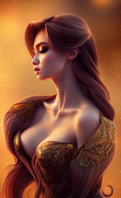 Image similar to a fantasy photo of gorgeous russian female, evening gown, bokeh, medium shot, beautiful face, professionally retouched, soft lighting, realistic, smooth face, perfect eyes, sharp focus, 8 k realistic high definition, insanely detailed, intricate, elegant, art by artgerm and kyoung hwan kim