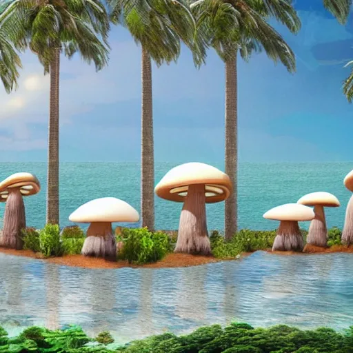 Image similar to architectural renderings, a seaside visitor center consisting of three mushroom - shaped buildings on the blue sea with tall coconut trees ， detailed