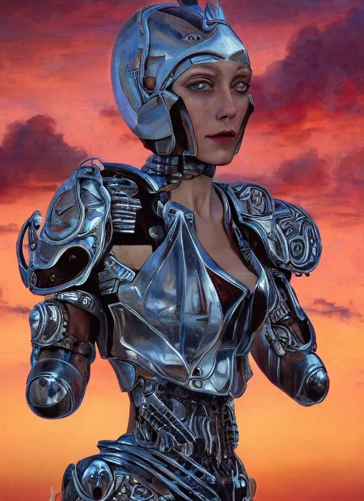 Image similar to symmetry! closeup portrait of a beautiful biblical diabolical agile girl, cyborg armor, in clouds, cinematic studio light! windy, sunset, by gerald brom, by mikhail vrubel, by peter elson, high contrast, muted colors, extreme detail, mirrors! trending on artstation, 8 k