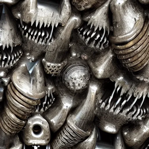 Prompt: a close up of a bunch of metal teeth, concept art by giger, cgsociety, assemblage, trypophobia, greeble, grotesque