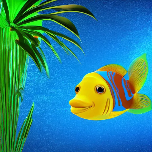 Image similar to 3D render of a cute tropical fish in an aquarium on a dark blue background, digital art