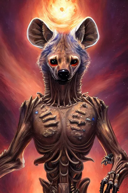 Prompt: beautiful oil painting with high detail and of a Hyena-Skeleton-Plasma-Galaxy God hybrid from dungeons and dragons and art direction by James Cameron ;by artgerm; wayne reynolds art station; cinematic quality character render; low angle; ultra high quality model; production quality cinema model;