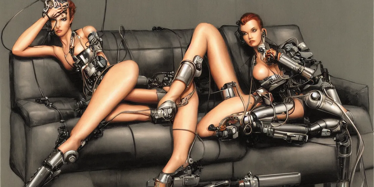 Image similar to beauty Blade Runner woman sitting on a wide leather couch, robotic, cyberpunk, lots of cables and wiring, electrical details, chipboards, trending on artstation, by Hajime Sorayama and Boris Vallejo